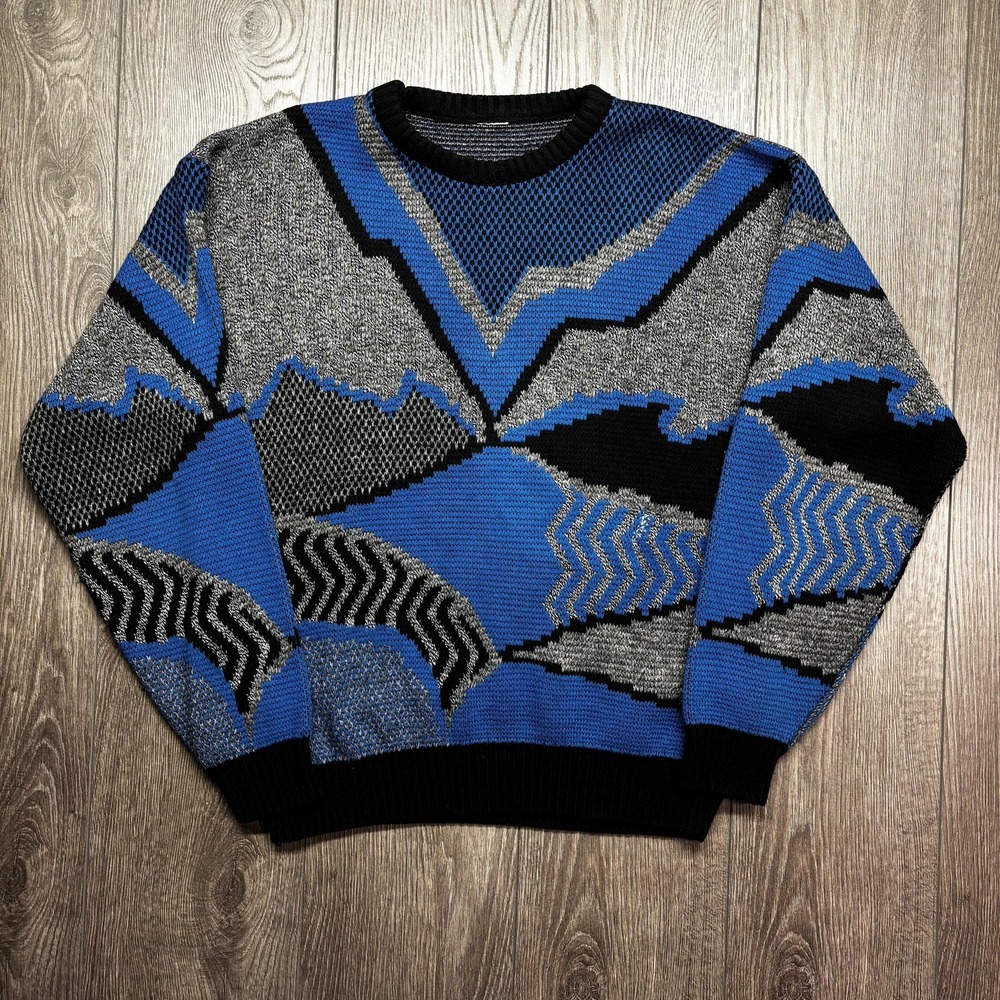 Vintage Abstract Geometric Knit Sweater Medium 1980s Blue Art Cable 3D